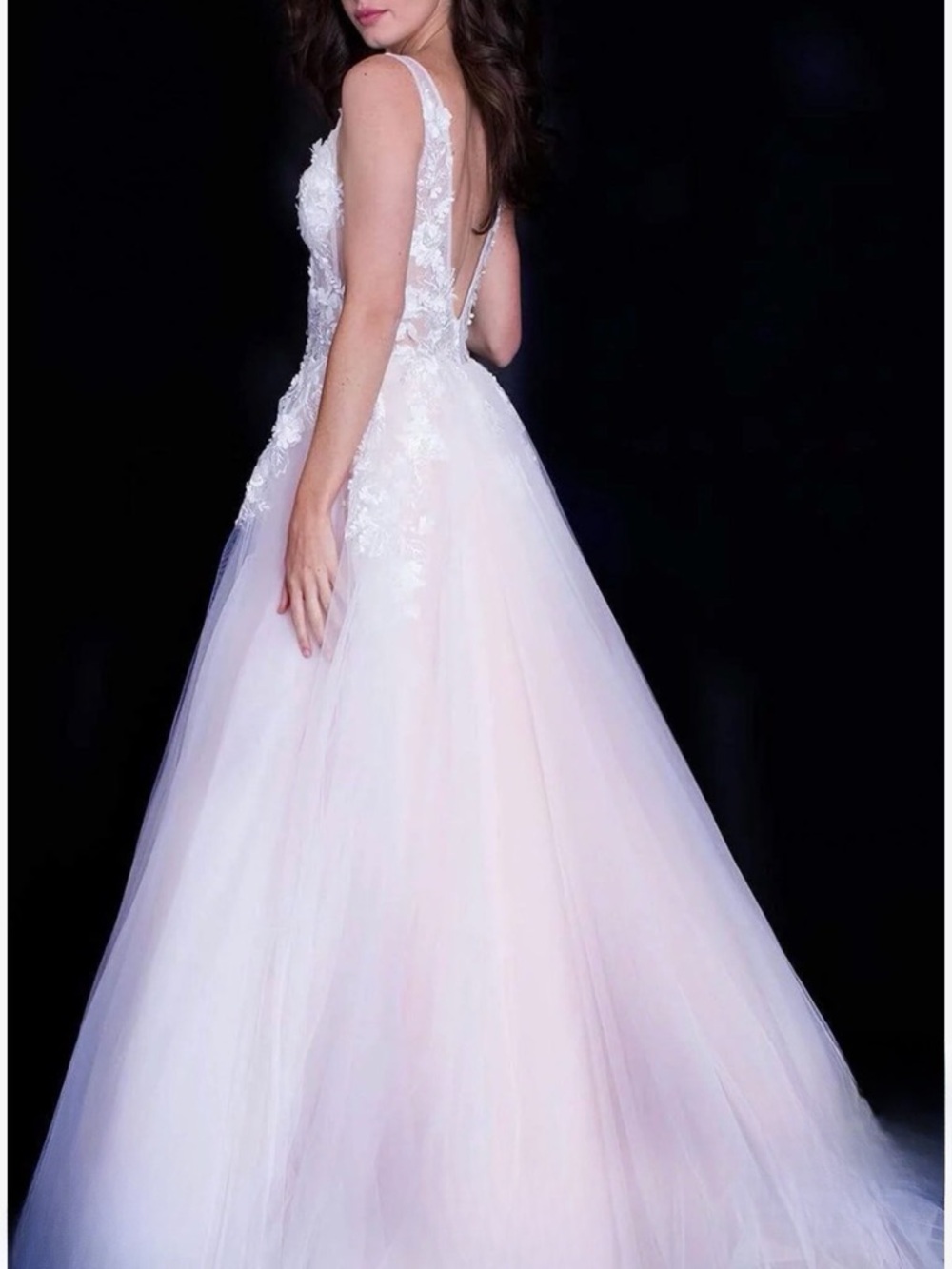 Jovani Blush Pink Tulle Gown with Off-White Floral Lace Appliqué - Picture 2 of 5